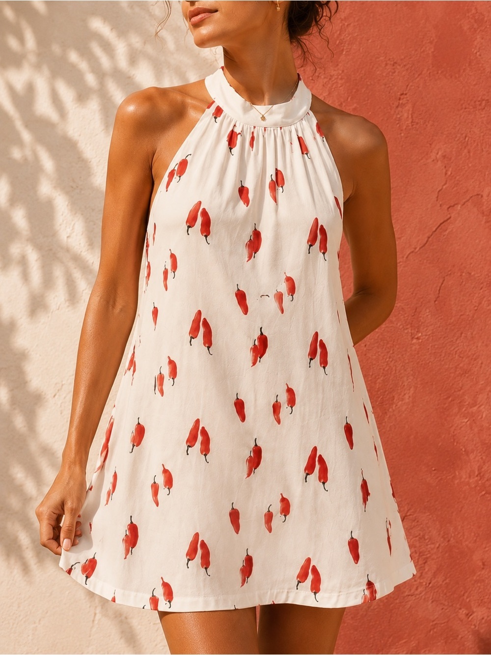 🌶️ COMMENSE NWT Chili Pepper Print Open Back Halter Mini Dress XL Size